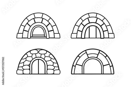 Set of Four Igloo Line Art Icons Featuring Different Dome Patterns and Door Designs

