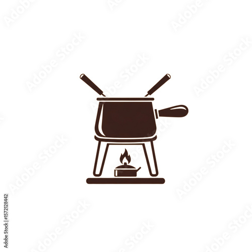 Silhouette of a fondue pot with heating element and forks.