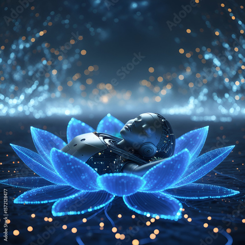 Digital Serenity: A futuristic humanoid figure rests serenely within a glowing lotus flower, surrounded by particles, encapsulating a sense of tranquility.