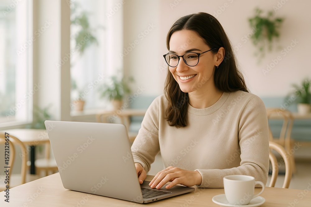 Smiling Freelance Worker at a Café Table, Engaged in Digital Work While Enjoying a Warm Beverage, Focused on Laptop Screen Smiling Freelance Worker at a Café Table, Engaged in Digital Work While Enjoying a Warm Beverage, Focused on Laptop Screen