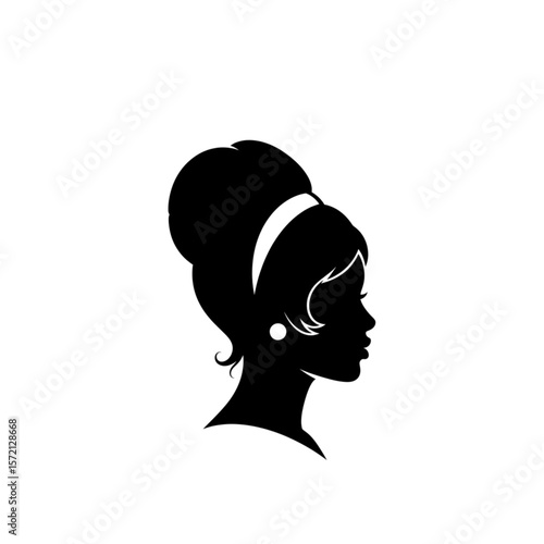 Silhouette of a woman's head in profile with an elegant updo hairstyle and headband.