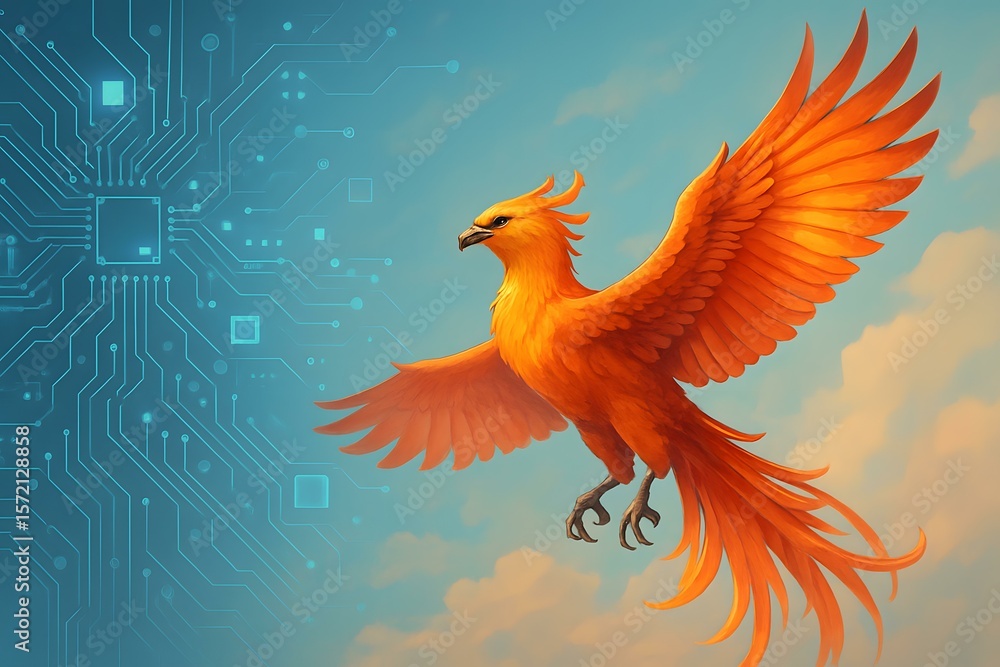 Fototapeta premium Majestic Phoenix Rising Through a Digital Sky with Circuit Patterns and Soft Clouds Enhancing the Technological Aesthetic and Vibrant Colors