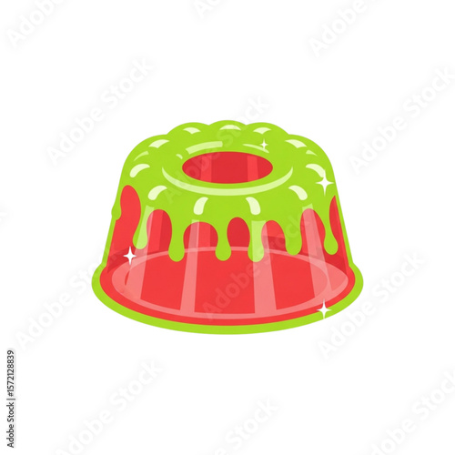 A stylized illustration of a red gelatin dessert with green topping, isolated on a white background.