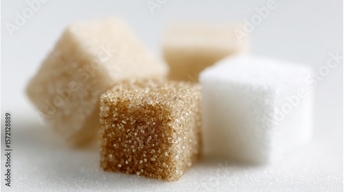 Close-up of sugar cubes stacked in a pile against beige background, symbolizing excessive sugar consumption and its health risks. Conceptual visual metaphor for unhealthy diet habits, food addiction, 