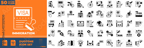 Immigration Duotone Editable Icons set. Vector illustration in modern thin duotone style of immigration icons: visa, passport, border, migrant, etc