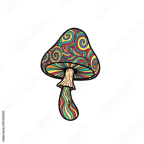 Psychedelic mushroom illustration with colorful swirling patterns on a white background.