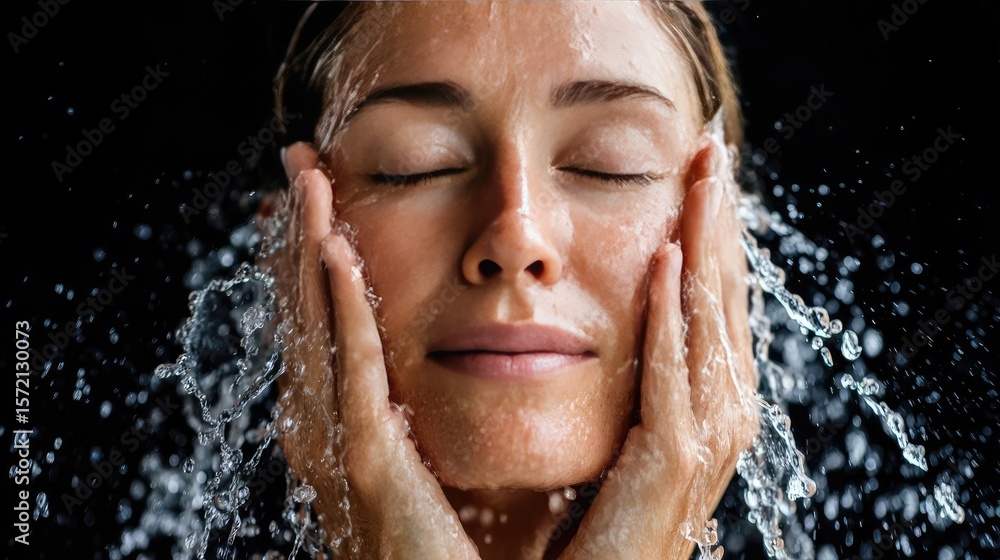 Fototapeta premium Anti fatigue concept. Woman enjoying a refreshing facial wash with flowing water.