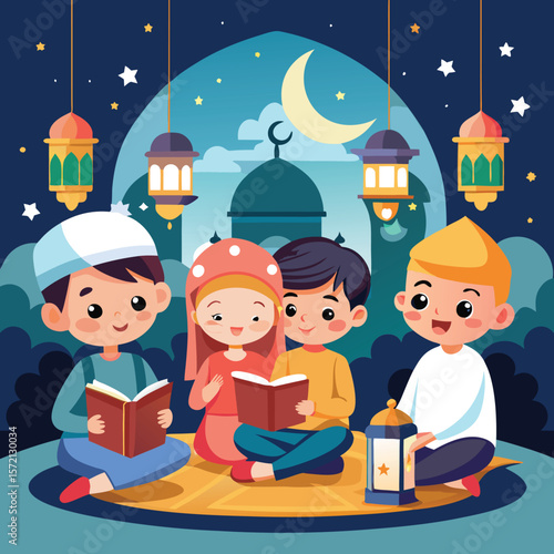 Children reading religious texts at night near a mosque