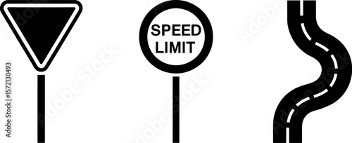 Road signs vector illustration set traffic regulations yield speed limit winding road ahead icons design