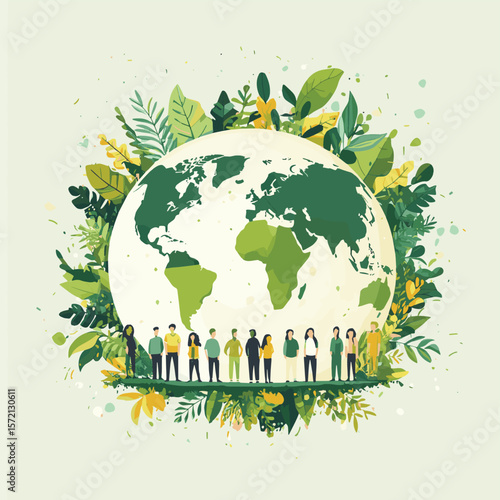 Ecology concept. People standing around the world. Flat vector illustration