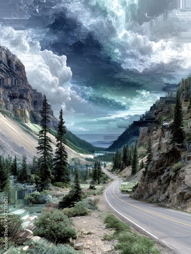 Mountain road under dramatic sky