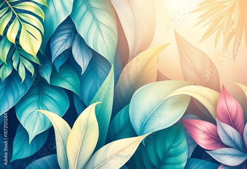 Soft pastel watercolor tropical leaves, lush foliage, gentle light, artistic wallpaper pattern, stylish, tropical