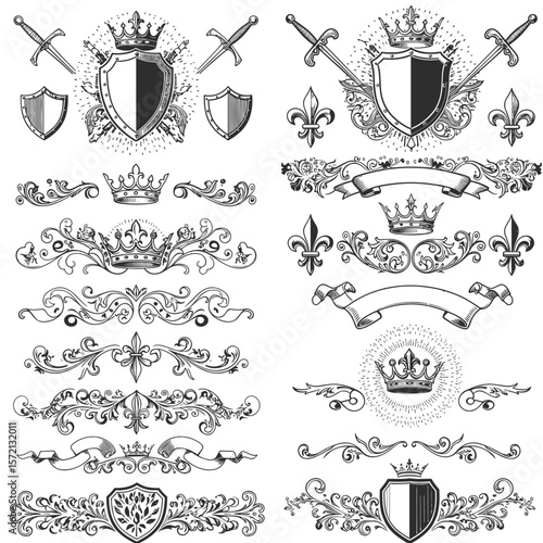 Vintage decorative elements with crowns, shields, and swords  