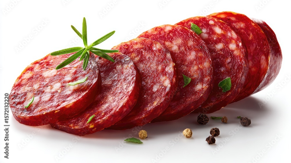 Slices of cured sausage, garnished with fresh rosemary. Slices of cured sausage, garnished with fresh rosemary.