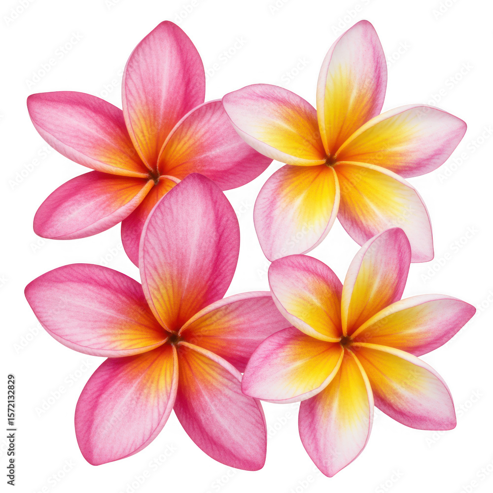 Naklejka premium Four vibrant pink and yellow plumeria flowers isolated on transparent background