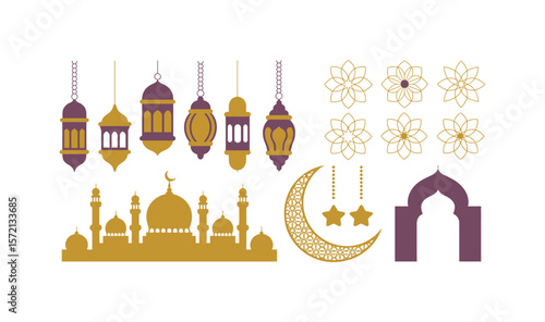Islamic background with lanterns garland and mosque background Free Vector
