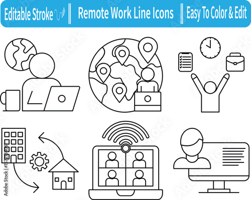 Remote work icon set with line icons showing home office, video conferencing, online meetings, virtual teams, and global digital collaboration. Editable stroke style.