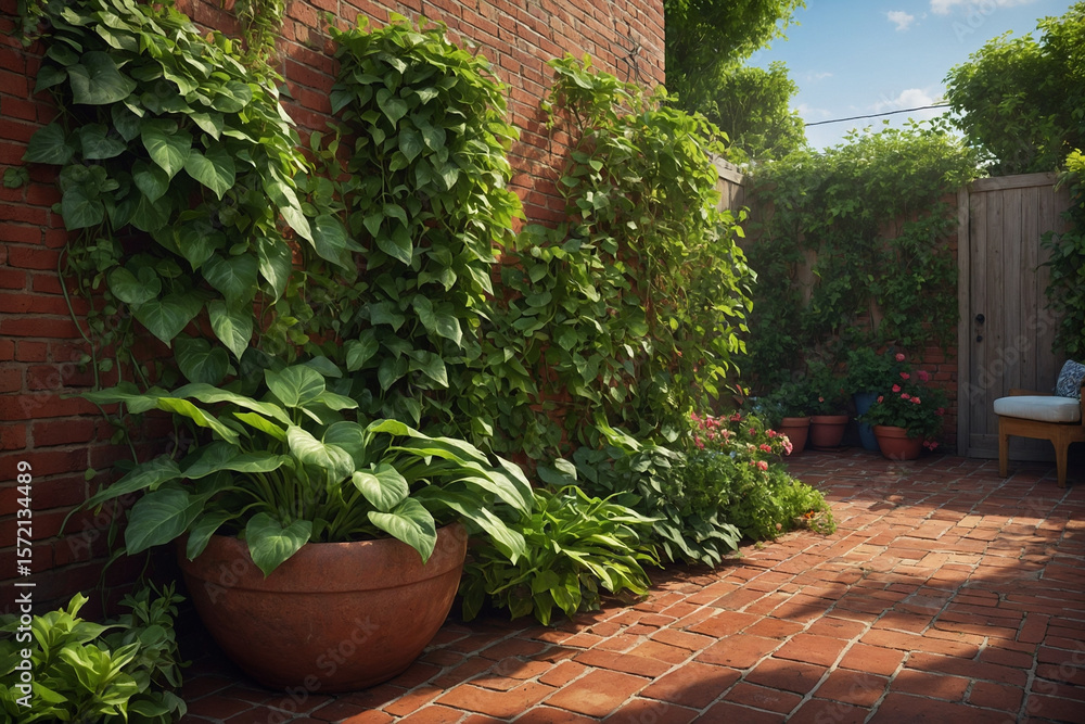 Fototapeta premium A narrow home garden space featuring climbing vines, large-leaf foliage, and colorful potted plants along a brick pathway gives a vibrant and organized feel, captured in high-resolution