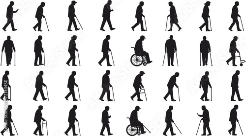 Elderly people silhouettes, walking with canes, wheelchairs, senior support figures, black vector design, aging mobility aid, healthcare, medical concept