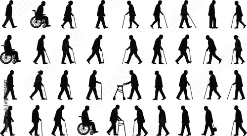 Elderly people silhouettes, senior walking with cane, wheelchair user, aging mobility support, black vector figures, healthcare, retirement concept