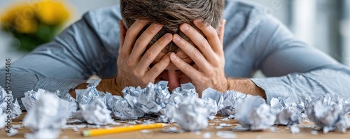 Constant stress concept. A stressed individual surrounded by crumpled paper balls.