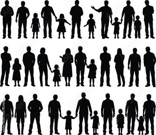 Family silhouette vector, black people figures, standing adults and children, parent child group, isolated white background, togetherness concept art