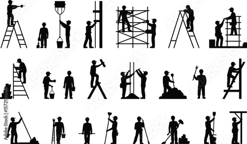 Construction workers silhouette set, building site laborers with tools, ladder and scaffold actions, black vector illustration for industrial project scenes