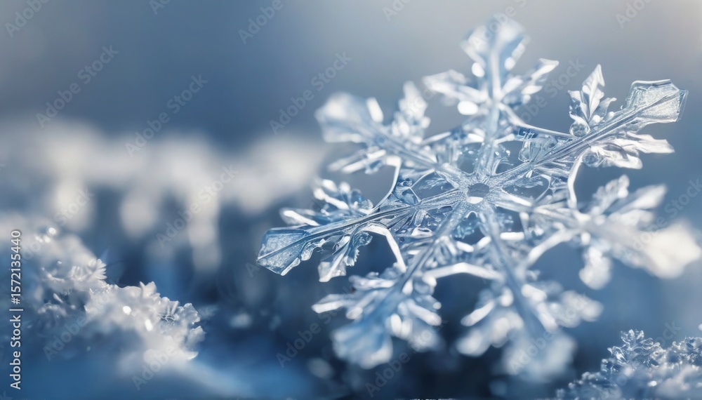 Closeup of focused snowflake with blurred blue and white gradient background creating bokeh effect with scattered white dots. Closeup of focused snowflake with blurred blue and white gradient background creating bokeh effect with scattered white dots.