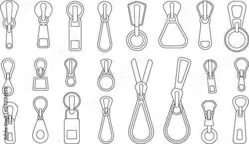 Zipper puller design vector set, fashion hardware flat illustration, clothing accessory technical outline, apparel zipper head collection
