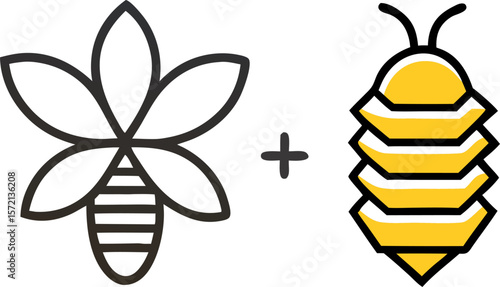 Line‑icon of a beehive, pollination vector with white background.