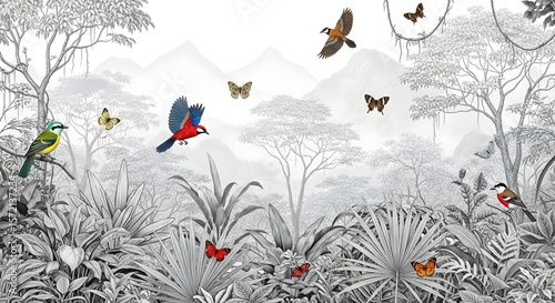 Buy tropical forest wallpaper mural with birds and butterflies for living room and bedroom decoration