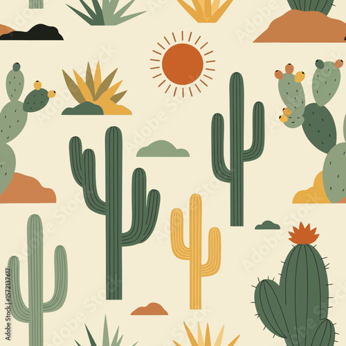 Stylized Cactus Pattern with Sun Elements – Desert Plant Vector Background