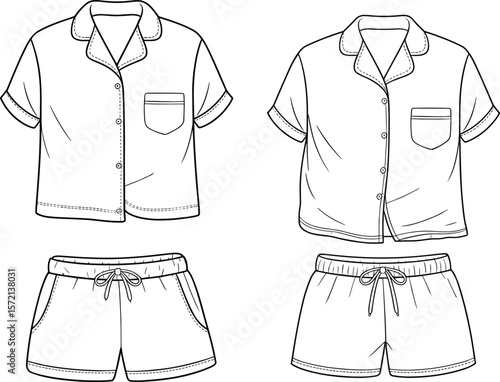 Short sleeve sleepwear shirt and shorts, fashion flat sketch, women’s loungewear design template, vector illustration for apparel industry