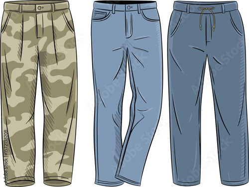 Camouflage pants, denim jeans, and joggers fashion illustration, men’s casual wear flat sketch vector template for clothing design
