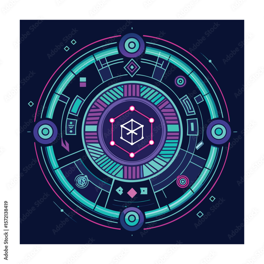 Naklejka premium Futuristic Geometric Design: Circular Pattern with Abstract Icon in Neon Colors