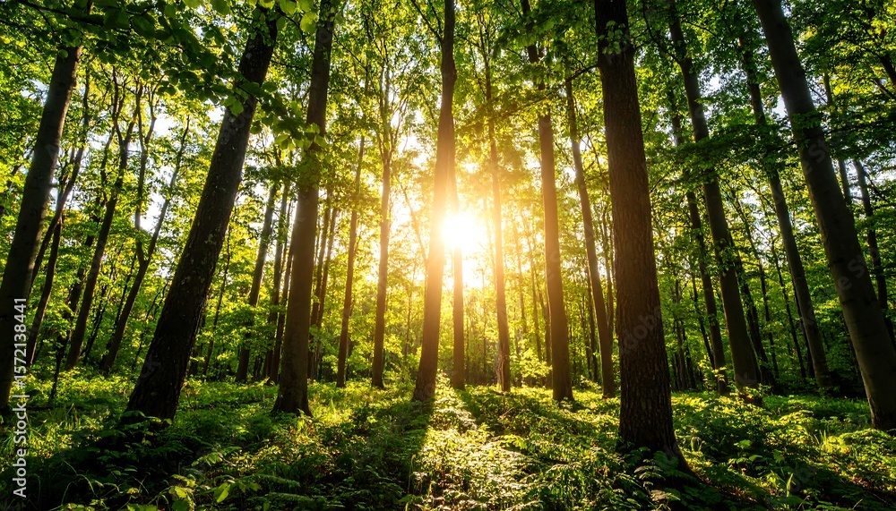 Fototapeta premium Sunlight filters through a dense forest