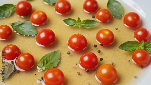 Wallpaper Mural A vibrant food composition featuring cherry tomatoes, basil, and spices in a light olive oil. Torontodigital.ca