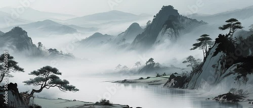 Serene Landscape Misty Mountains, Tranquil Waters, and Towering Pines in Asian-Inspired Ink Wash