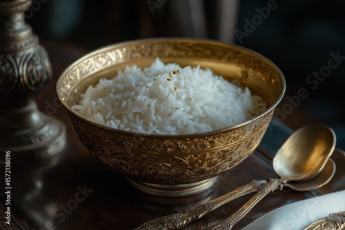 A bowl of cooked white rice in a decorative brass dish on a dark wooden table.