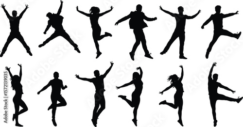 Silhouette of people dancing, jumping in joy, expressive energetic pose, black vector illustration, freedom, happiness, celebration, fun, dynamic motion