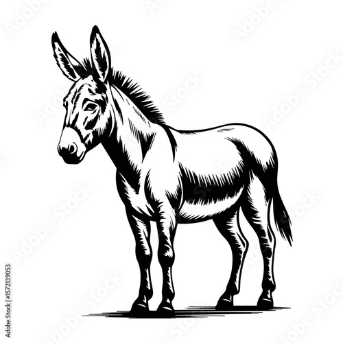 Vector illustration of a donkey drawing farm animal equine mammal livestock black and white clip art image 