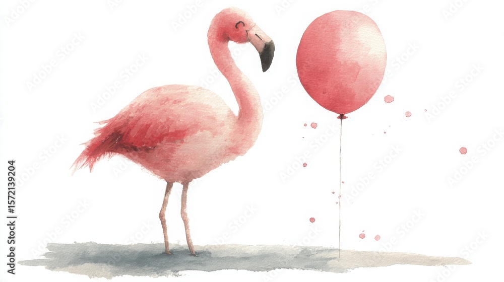 Obraz premium A delicate watercolor painting of a pink flamingo standing beside a pink balloon on a light background.