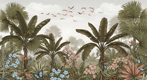 Tropical jungle wallpaper mural with flamingoes, palm trees and butterflies background for home decor