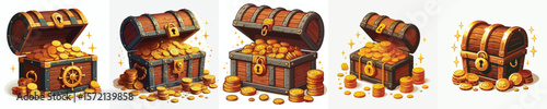 Vector Pirate Treasure Chests Full of Gold Coins – Open Wooden Loot Boxes