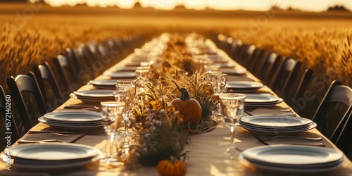 Fototapeta Naklejka Na Ścianę i Meble -  Elegant outdoor Thanksgiving dinner table setting in a golden wheat field.
