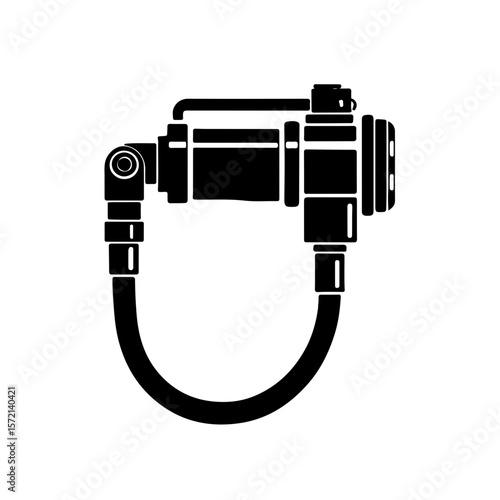 Hydraulic Pump Icon Vector. A black and white vector icon depicting a hydraulic pump with connecting hoses, representing power, machinery, engineering, and industrial applications