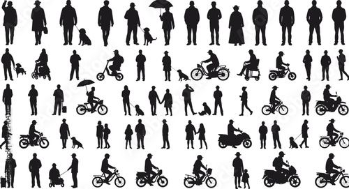 Silhouettes of people walking, biking, riding scooters, with dogs, umbrellas, children, casual urban life, daily motion, modern lifestyle, street scenes