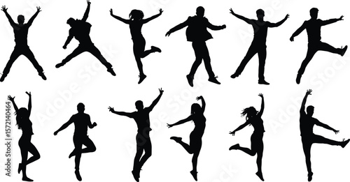 Silhouettes of people jumping, dancing in joy, energetic motion, black vector illustration, active lifestyle, expressive movement, freedom pose concept