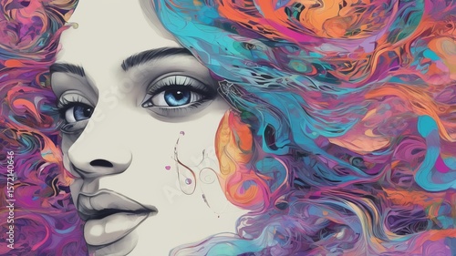 Image of a beautiful woman wearing fluorescent makeup in a calm and relaxed mood.