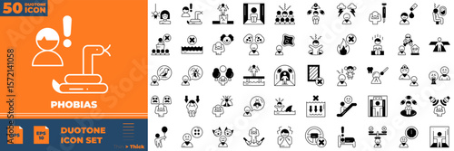 Phobias Duotone Editable Icons set. Vector illustration in modern thin duotone style of phobias icons: spider, people, psychology, etc